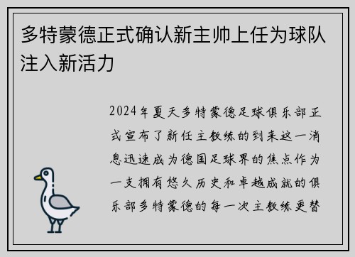 多特蒙德正式确认新主帅上任为球队注入新活力